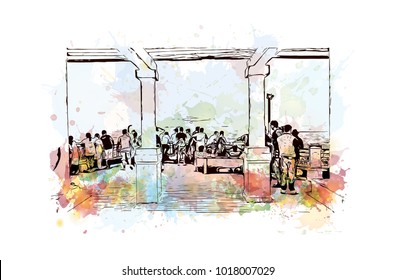 Sunset watching people on beach in Goa, India. Watercolor splash with hand drawn sketch illustration in vector.