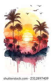 Sunset watercolor paint vector ilustration