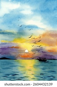 Sunset watercolor painting on the sea