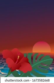 Sunset waterside hibiscus and monstera background material