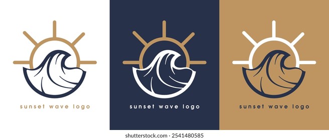 Sunset wave logo collection with blue and gold color combination. Premium vector background.