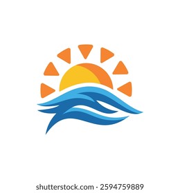 Sunset wave logo. Ocean beach travel emblem for tropical summer vacation and coastal branding