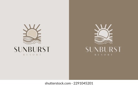 Plantilla de logotipo de onda de puesta al sol. Símbolo universal creativo premium. Ilustración del vector
