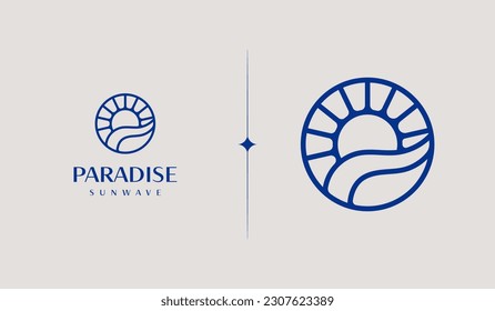 Plantilla de logotipo de onda de puesta al sol. Símbolo universal creativo premium. Ilustración del vector