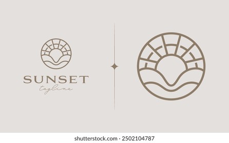 Plantilla de Logo Sunset Wave. Símbolo creativo premium universal. Ilustración vectorial. Plantilla de diseño minimalista creativa. Símbolo de la identidad empresarial Corporativa