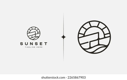 Sunset Wave monoline. Universal creative premium symbol. Vector sign icon logo template. Vector illustration