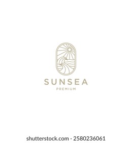 Sunset wave ocean line art style logo icon design template flat vector