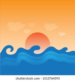 Sunset and wave on the ocean.