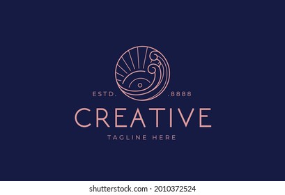 Sunset waves Logo Design Template. Vector Illustration of Retro sunset above the sea or ocean with sun and water. Vintage Modern Logo Line Art Design Template