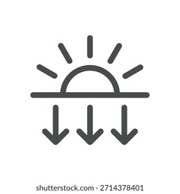 Ícone De Tempo Do Pôr Do Sol. Linha fina do Sol no Horizonte com Setas para Baixo Ilustração para Previsão Noturna, Atmosfera de Resfriamento e Fim de Luz do Dia. Símbolo Vetor de Contorno Isolado, Pictograma de Traçado Editável