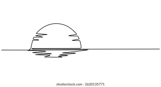 Sunset Web Banner with Continuous Line Icon, Sun on sea beach one black continuous line, sunset and sunrise outline, landscape with sun and beach in one line Sunset on beach, Sunset continuous one. 