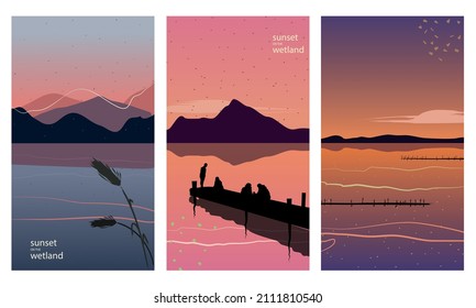 Sonnenuntergang im Feuchtgebiet, Set von rosa, Korallen und violetten Hintergründen von Lagunen mit Bergen, Silhouetten von Menschen und Pier. Vektorgrafik in flachem, strukturiertem, handgezeichnet Stil. Abstrakt und minimal.