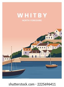Sunset at Whitby harbour and town landscape background. travel to whitby north Yorkshire. Vector illustration with flat style suitable for poster, card, postcard, art print.