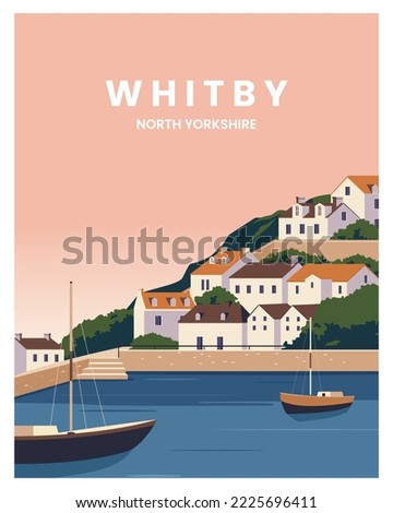 Sunset at Whitby harbour and town landscape background. travel to whitby north Yorkshire. Vector illustration with flat style suitable for poster, card, postcard, art print.