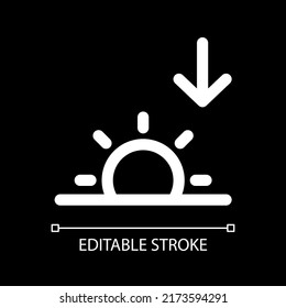 Sunset white linear ui icon for dark theme. Sun disappearing prediction. Nighttime. Vector line pictogram. Isolated user interface symbol for night mode. Editable stroke. Arial font used