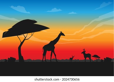 sunset wild landscape with wild animals vector