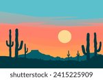 Sunset in the Wild West. Beautiful desert landscape with sandstones and silhouettes of cacti. Panorama of the desert. Vector illustration for design, poster, banner, card or print.