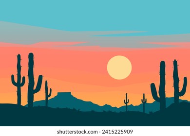 Sunset in the Wild West. Beautiful desert landscape with sandstones and silhouettes of cacti. Panorama of the desert. Vector illustration for design, poster, banner, card or print.