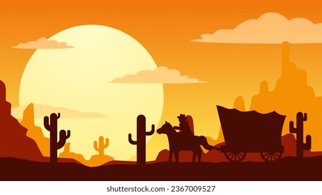 Sunset in the wild west desert landscape vector illustration. Cowboy with wagon in the wild west desert landscape. American desert landscape for background, wallpaper or landing page