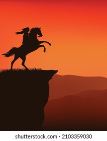 sunset wild west vector silhouette scene with native american woman riding rearing up horse at cliff top with view over mountains