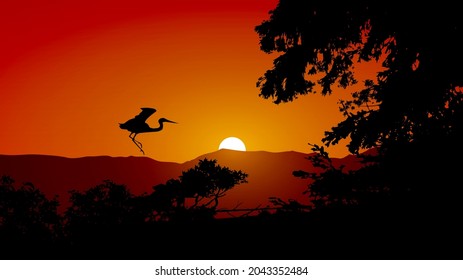 Sunset in wilderness. Forest sunset illustration with bird