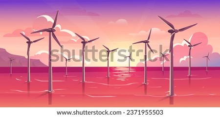 Sunset and wind turbines concept. Alternative energy sources and sustainable lifestyle. Care abourt, nature planet and ecology. Rural countryside panorama. Cartoon flat vector illustration