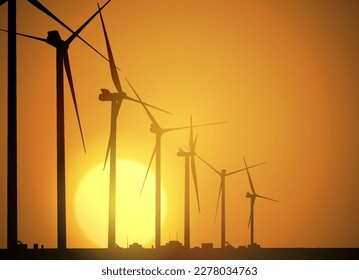 Sunset wind turbines. Vector illustration eco electricity.
