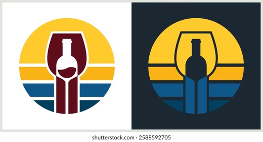 Sunset Wine Logo With Wine Glass and Bottle vector