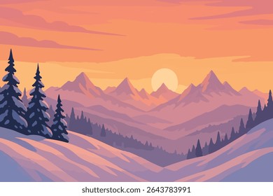 Sunset Winter Mountain Landscape with Snowy Pine Trees