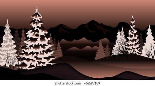 Sunset in the winter. Vector winter illustration with dark tones