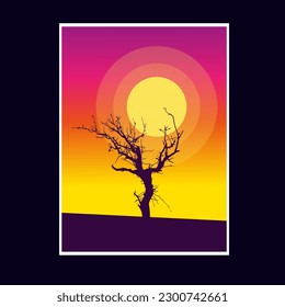 Sunset,  withered tree on the background. The beauty of the world. Earth and sky. Drawing for a card. Illustration.