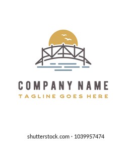 Sunset Wooden Bridge on Sea River Lake logo design 
