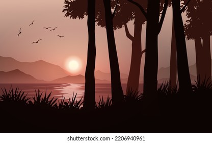 Atardecer en el bosque con ilustración del lago. Silueta forestal vectorial