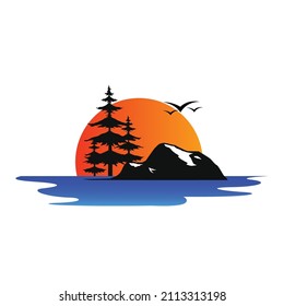 Sunset, yellow sun and blue sea logo design vector