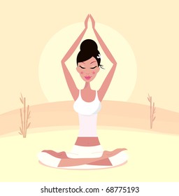 Sunset yoga : relaxing retro woman doing lotus flower yoga asana. Vector Illustration.