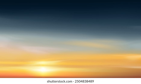 Sunset,Sky Cloud Background,Sunrise with Yellow,Orange,Blue Sky.Winter Nature Landscape Dramatic Golden Hour with twilight Sky in Evening after Sun Dawn,Vector Horizon Summer sundown by Sea Beach