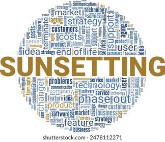 Sunsetting word cloud conceptual design isolated on white background.