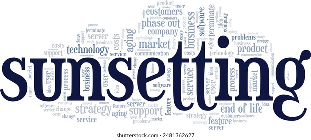 Sunsetting word cloud conceptual design isolated on white background.