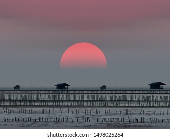 Sunset,Twilight scenery with Mussel farm graphic vector