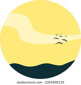 Sunset,yellow sky, ocean, and birds