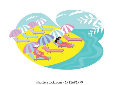 Sunshade beach flat composition with outdoor scenery of sandy shore with people under sun protection umbrellas vector illustration