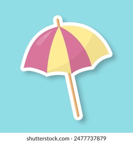 A sunshade on a blue background. An umbrella sticker with a shadow. Cartoon retro style. Vector illustration.