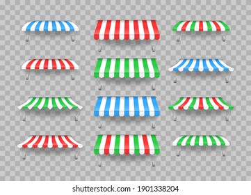 Sunshade for restaurant. Awning umbrella for the market, striped summer scallop for shop vector illustration. Outdoor striped awning canopy for cafe and shop window of different forms. Eps 10.