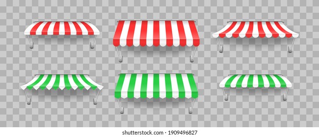 Sunshade for restaurant. Outdoor striped awning canopy for cafe and shop window of different forms. Awning umbrella for the market, striped summer scallop for shop vector illustration. Eps 10.