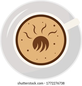 patrón en forma de sol sobre espuma de café en un objeto de vista superior de taza gris sobre el logotipo de fondo blanco para el diseño concepto de bebida vigorizante popular
