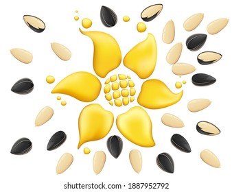 Sun-shaped sunflower oil flowing around with sunflower seeds vector illustration on white background