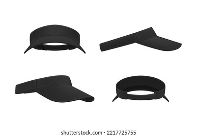 Sunshield black fashion headdress summer sun protection wear set realistic vector illustration. Casual accessory clothes headband with visor front back side view. Athletic textile uniform cap for head