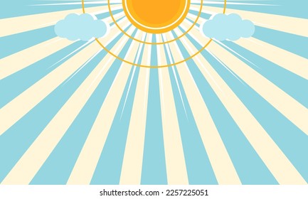 Sunshine background with sun and clounds, flat vector illustration.