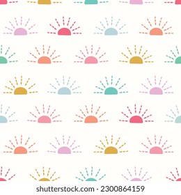 Sunshine background vector. Fun and bright nature half sun seamless repeat pattern. Nature design element.