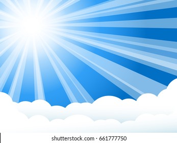 Sunshine background. White rays of sun against blue sky and clouds. Vector illustration.